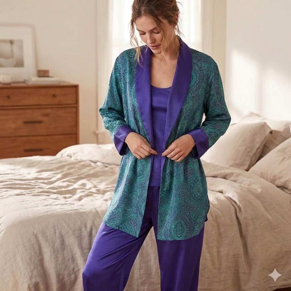 VTG Victoria Secret Gold Label Double Breasted Robe Paisley Silky Long Sleeve S